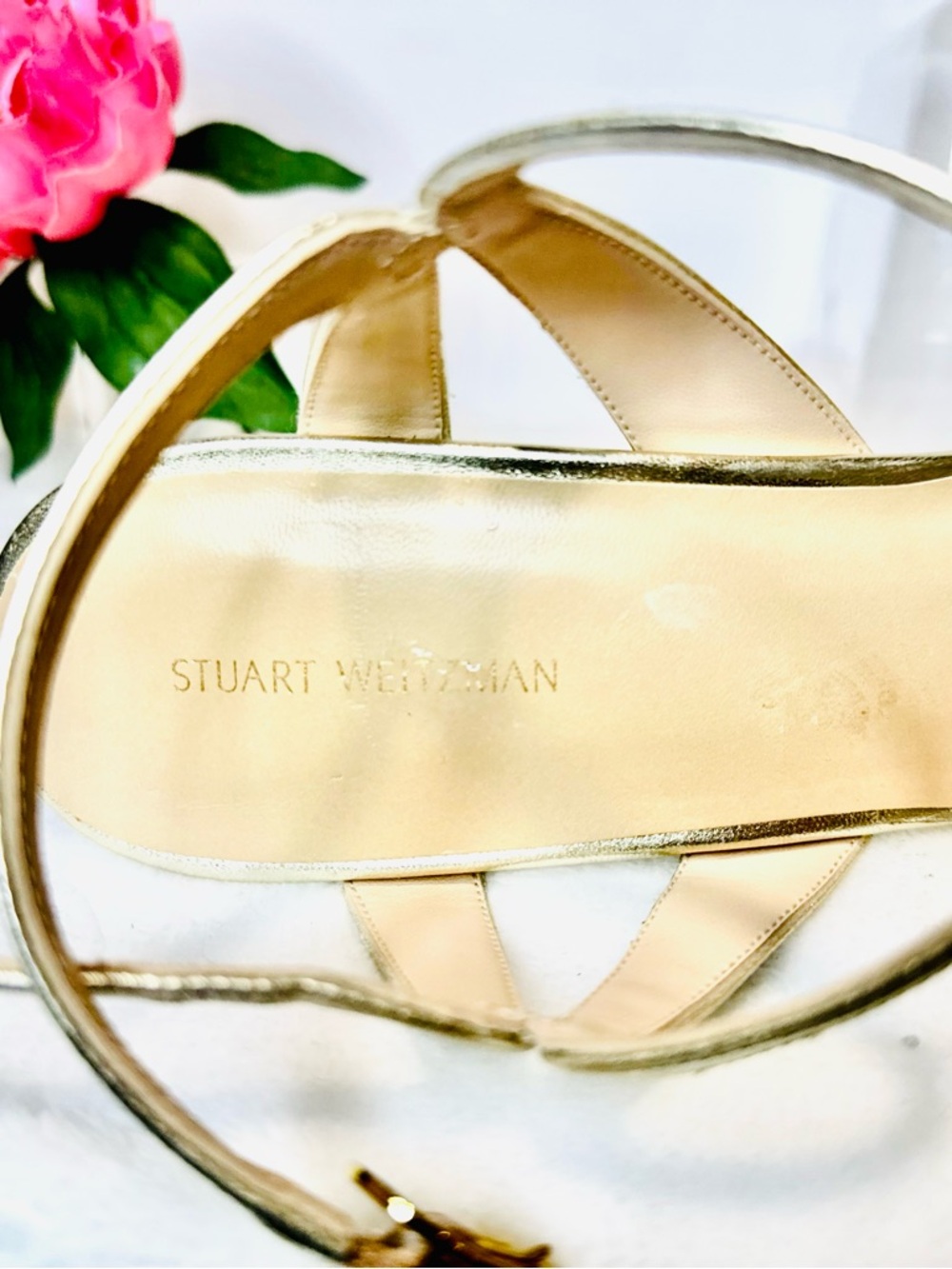 Stuart Weitzman Shimmery Metallic Gold Classic Strappy Stiletto W/ Ankle Strap - Picture 4 of 8